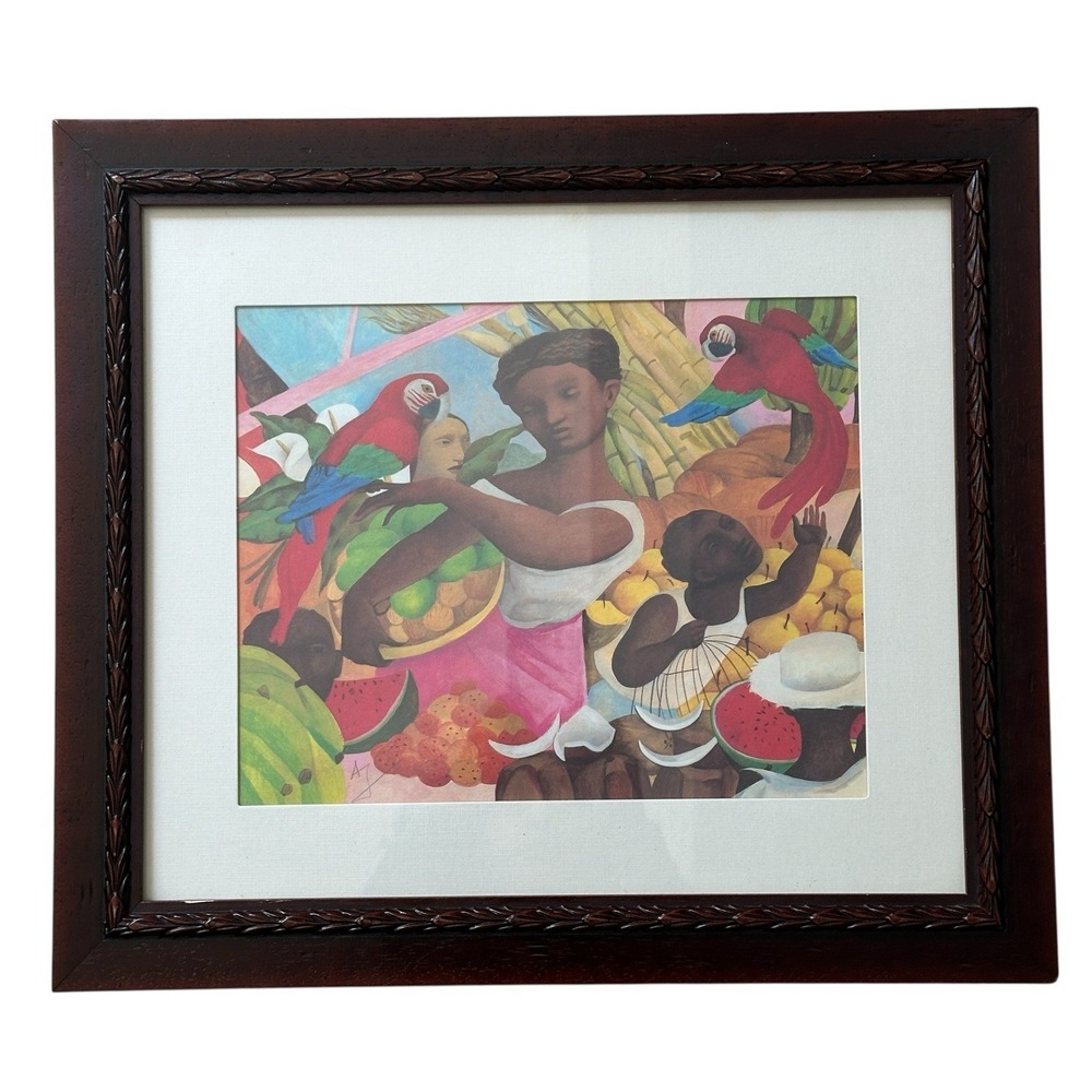 VTG Ana Juan Signed Art Lithograph 18x16 Inch Produce Market Colorful Wood Frame